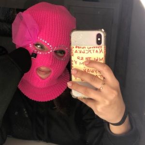 Custom rhinestone hot pink ski mask.